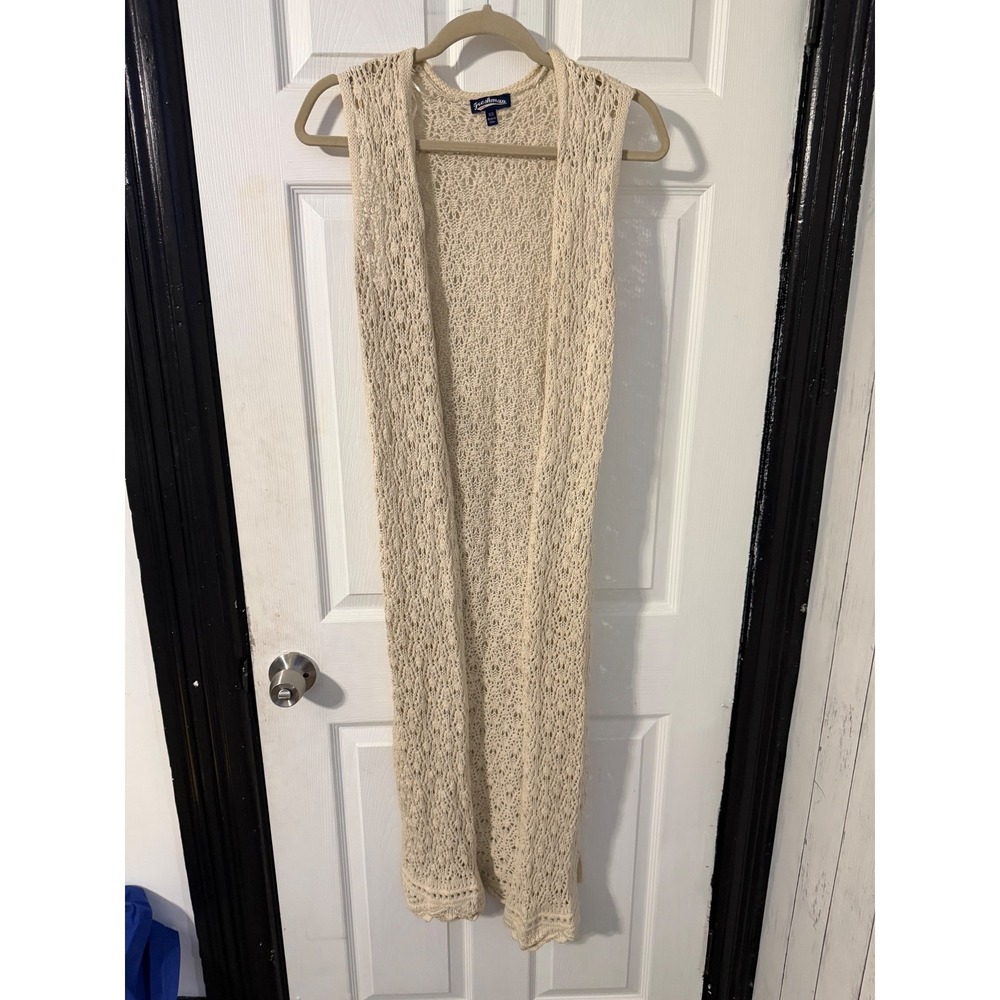 Freshman 1996 Womens XS Cream Crochet Knit Longline Open Front Duster Vest